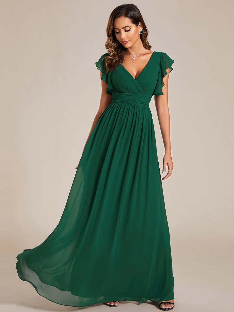 V Neck Pleated Belted Ruffles Bridesmaid Dresses - CALABRO®