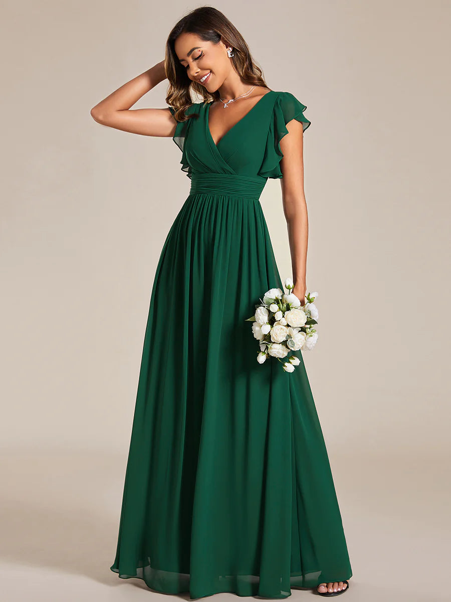 V Neck Pleated Belted Ruffles Bridesmaid Dresses - CALABRO®