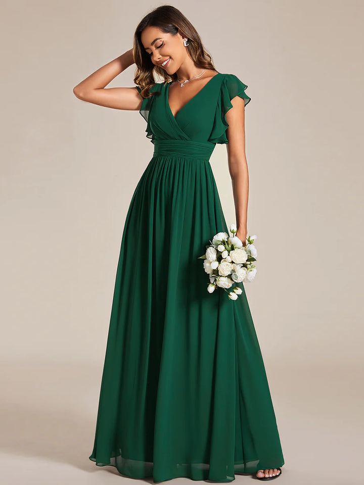 V Neck Pleated Belted Ruffles Bridesmaid Dresses - CALABRO®