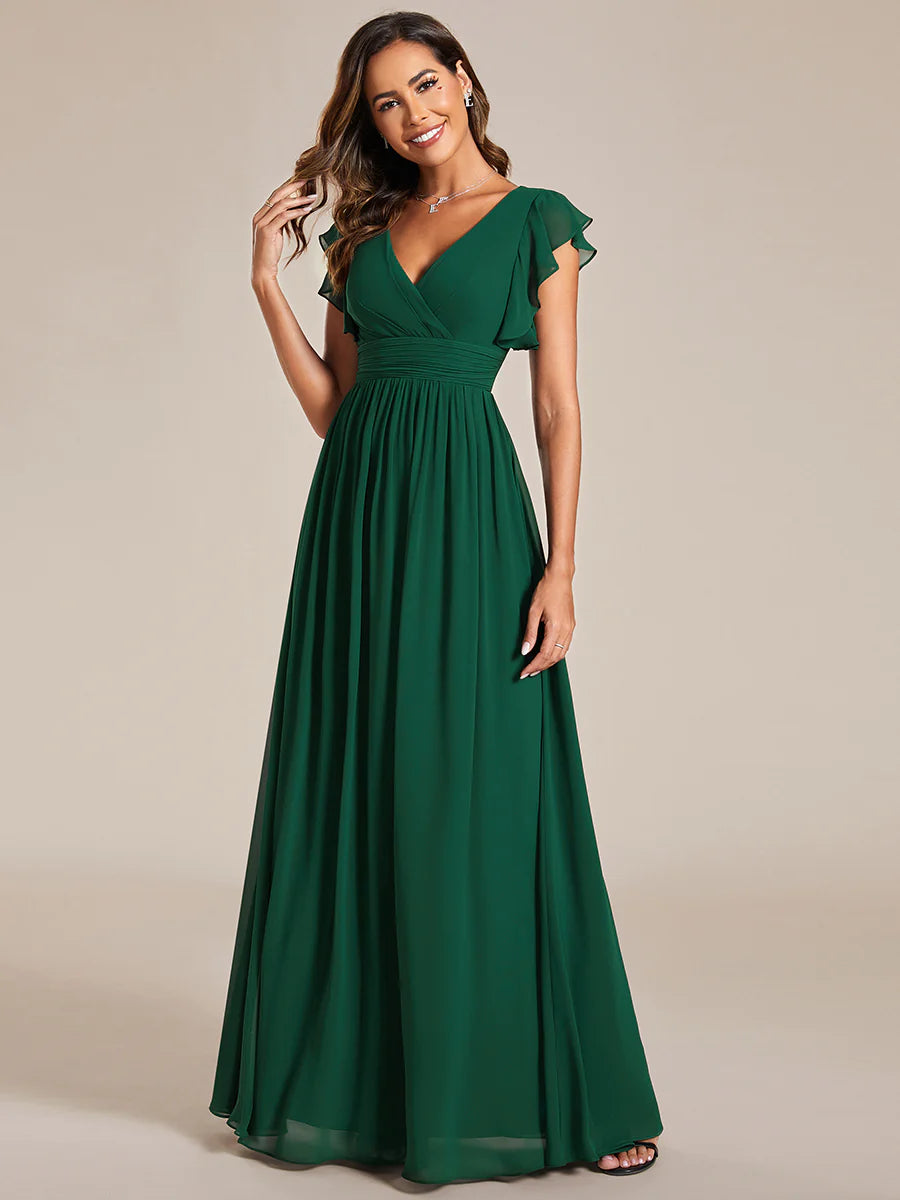 V Neck Pleated Belted Ruffles Bridesmaid Dresses - CALABRO®