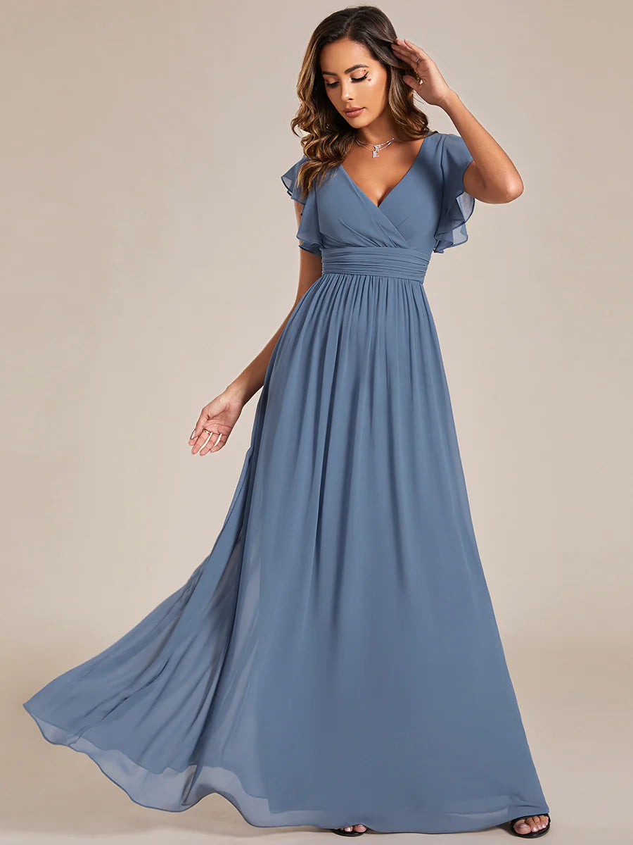 V Neck Pleated Belted Ruffles Bridesmaid Dresses - CALABRO®