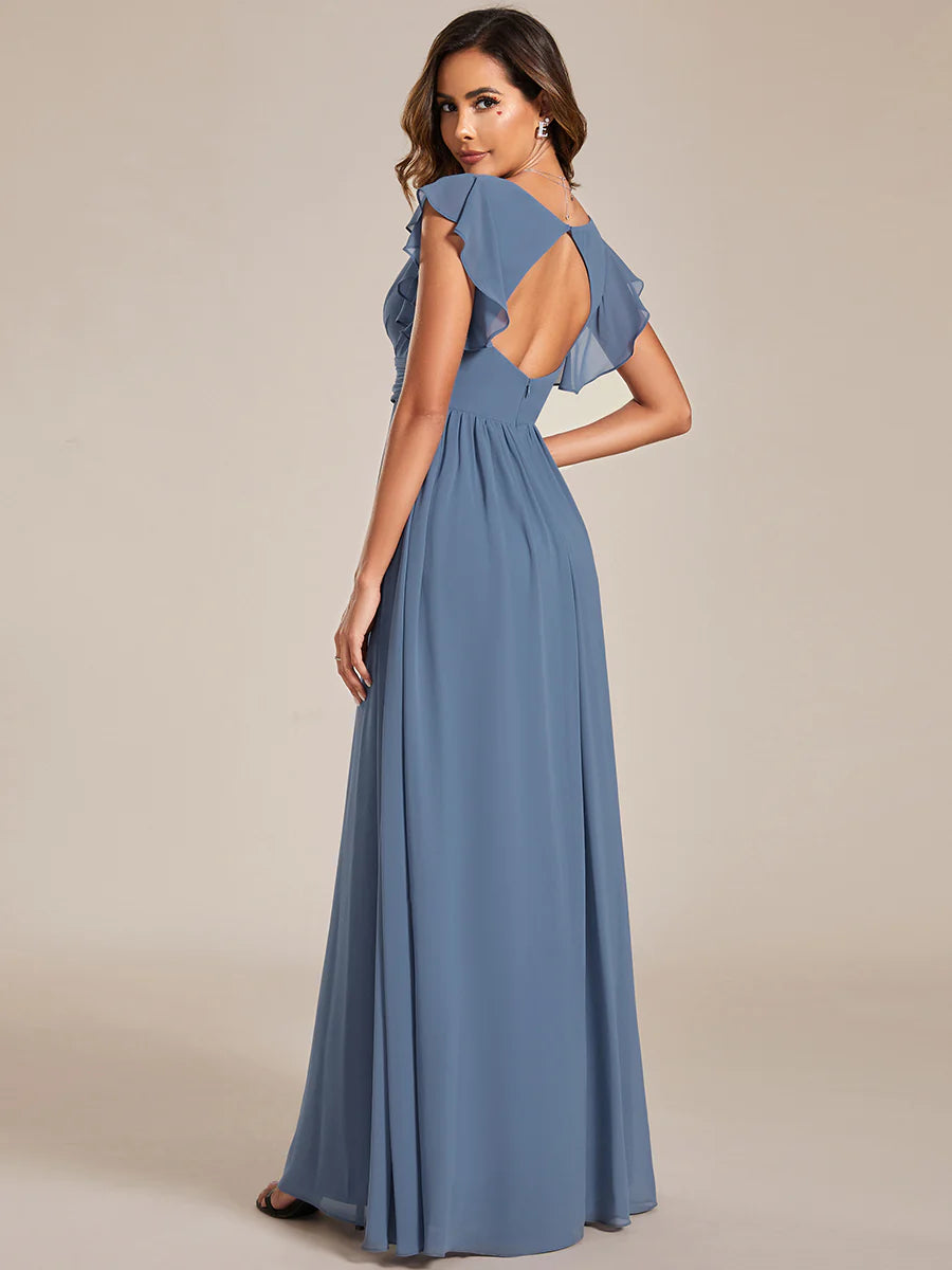 V Neck Pleated Belted Ruffles Bridesmaid Dresses - CALABRO®