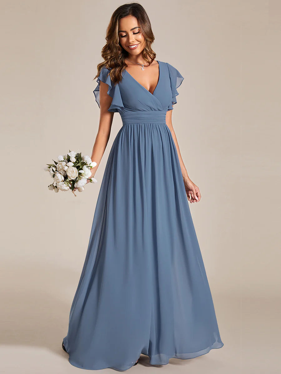 V Neck Pleated Belted Ruffles Bridesmaid Dresses - CALABRO®