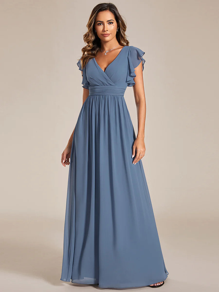 V Neck Pleated Belted Ruffles Bridesmaid Dresses - CALABRO®