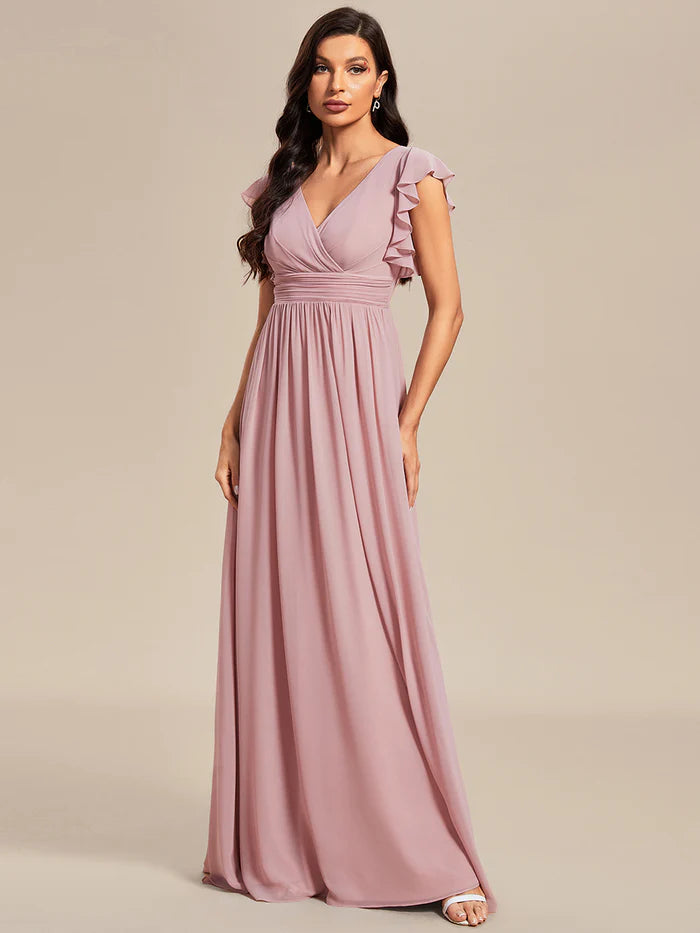 V Neck Pleated Belted Ruffles Bridesmaid Dresses - CALABRO®