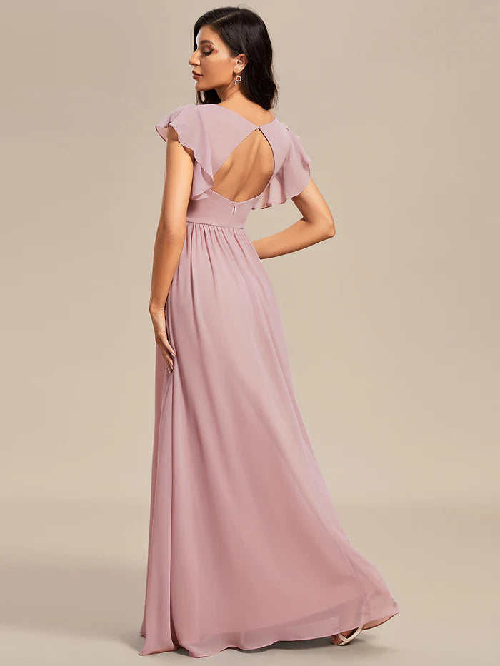 V Neck Pleated Belted Ruffles Bridesmaid Dresses - CALABRO®