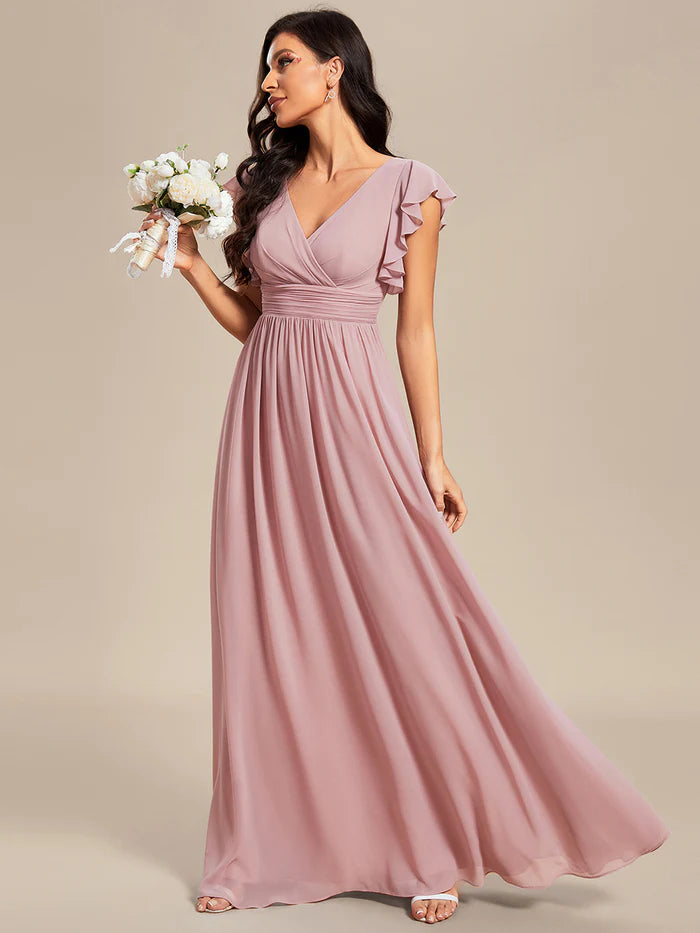 V Neck Pleated Belted Ruffles Bridesmaid Dresses - CALABRO®