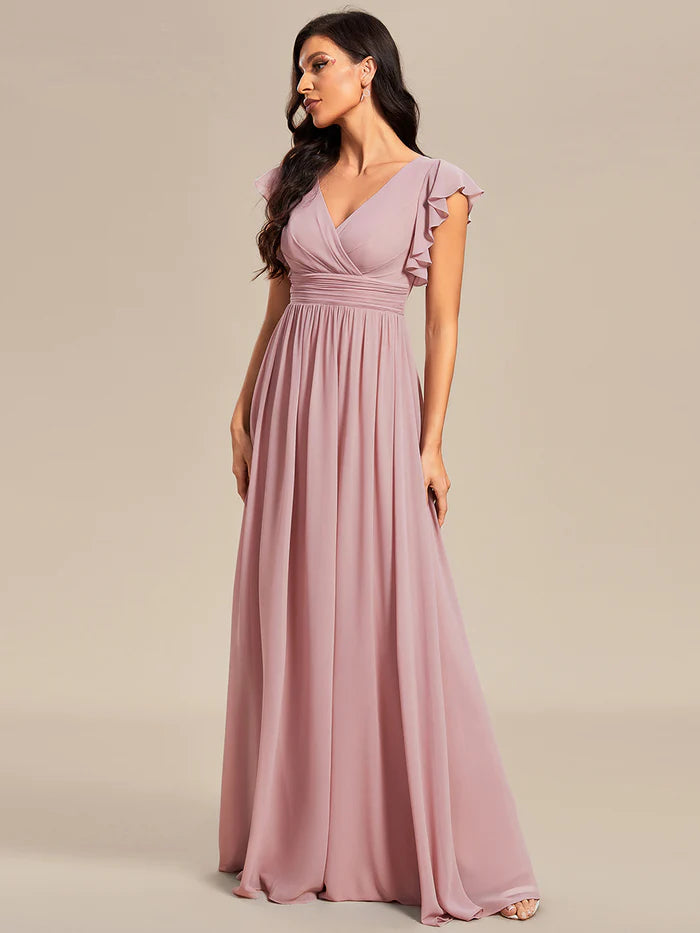 V Neck Pleated Belted Ruffles Bridesmaid Dresses - CALABRO®