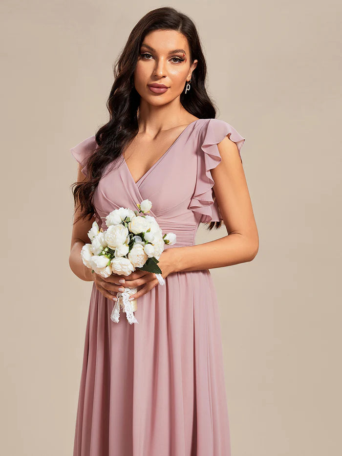 V Neck Pleated Belted Ruffles Bridesmaid Dresses - CALABRO®