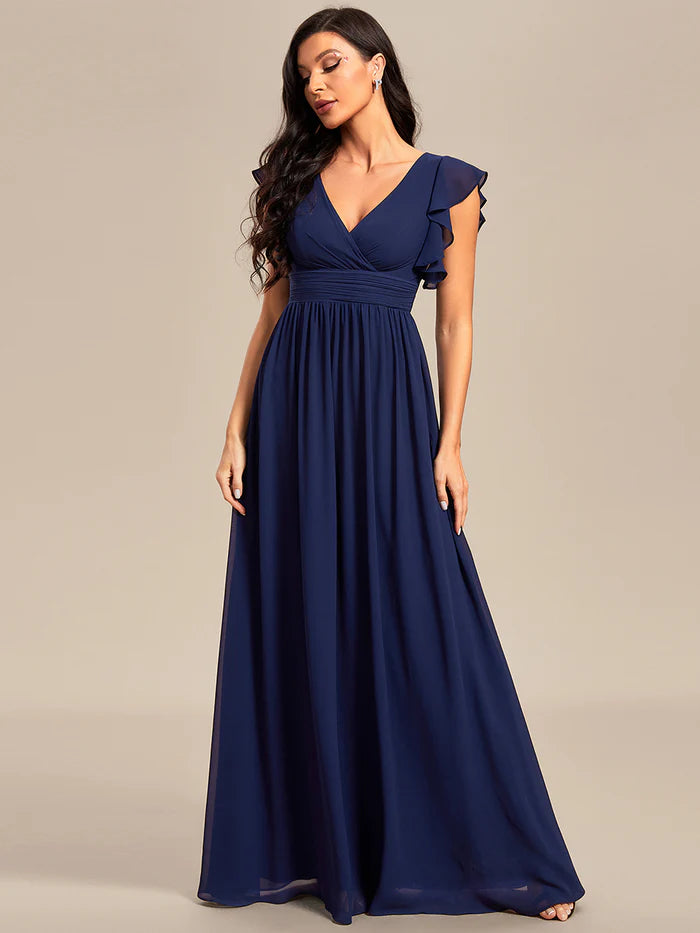 V Neck Pleated Belted Ruffles Bridesmaid Dresses - CALABRO®