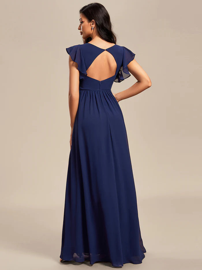 V Neck Pleated Belted Ruffles Bridesmaid Dresses - CALABRO®