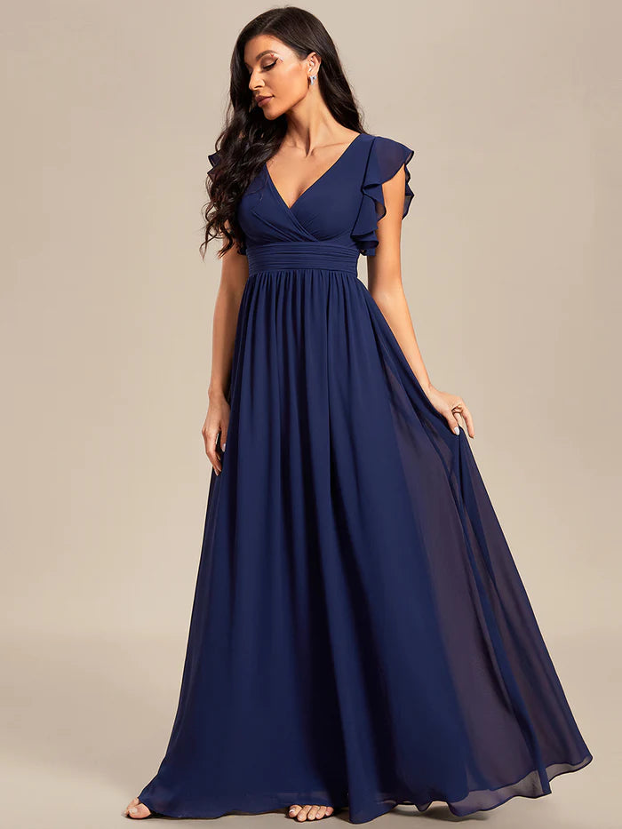 V Neck Pleated Belted Ruffles Bridesmaid Dresses - CALABRO®