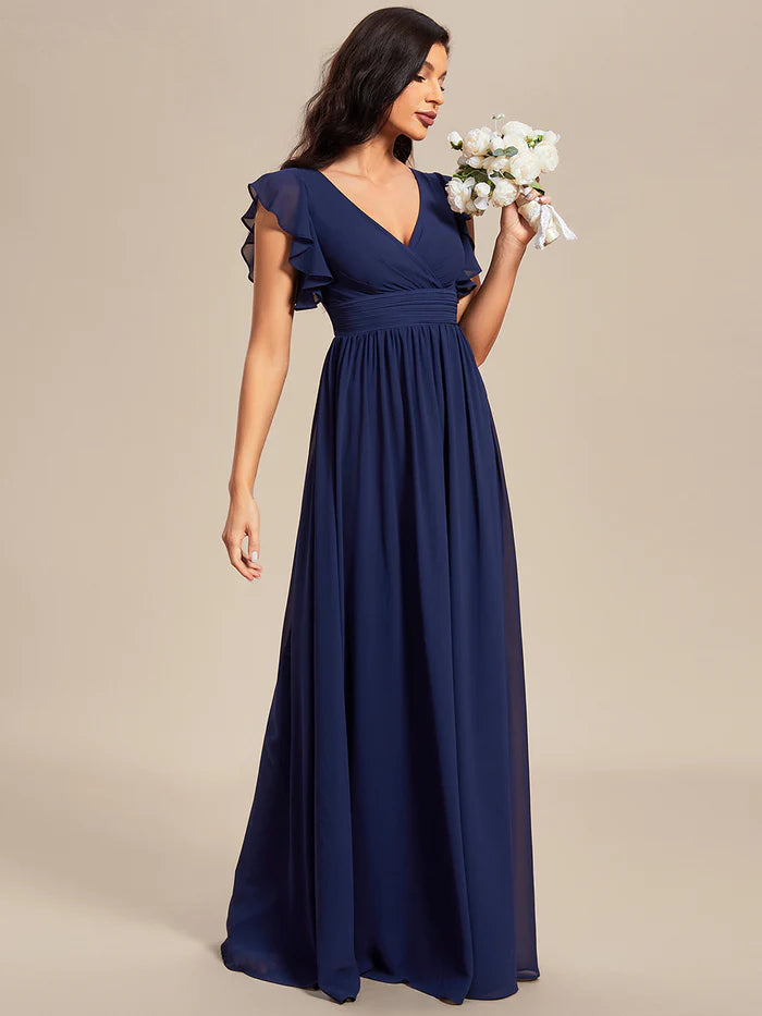 V Neck Pleated Belted Ruffles Bridesmaid Dresses - CALABRO®