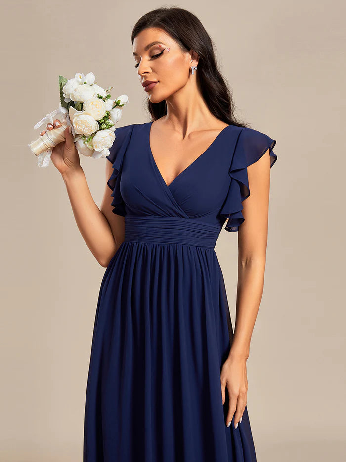 V Neck Pleated Belted Ruffles Bridesmaid Dresses - CALABRO®