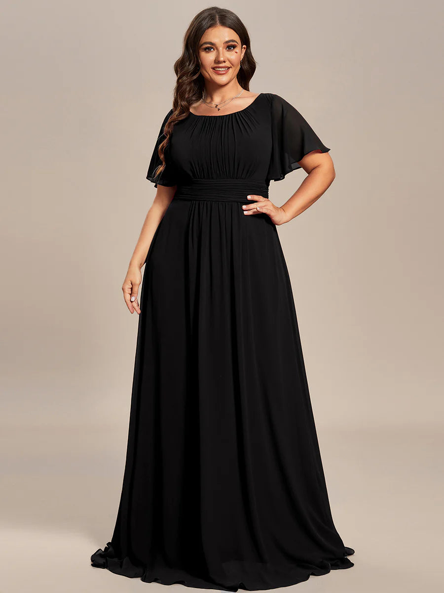 Round Neck Pleated Plus Size Evening Dress - CALABRO®