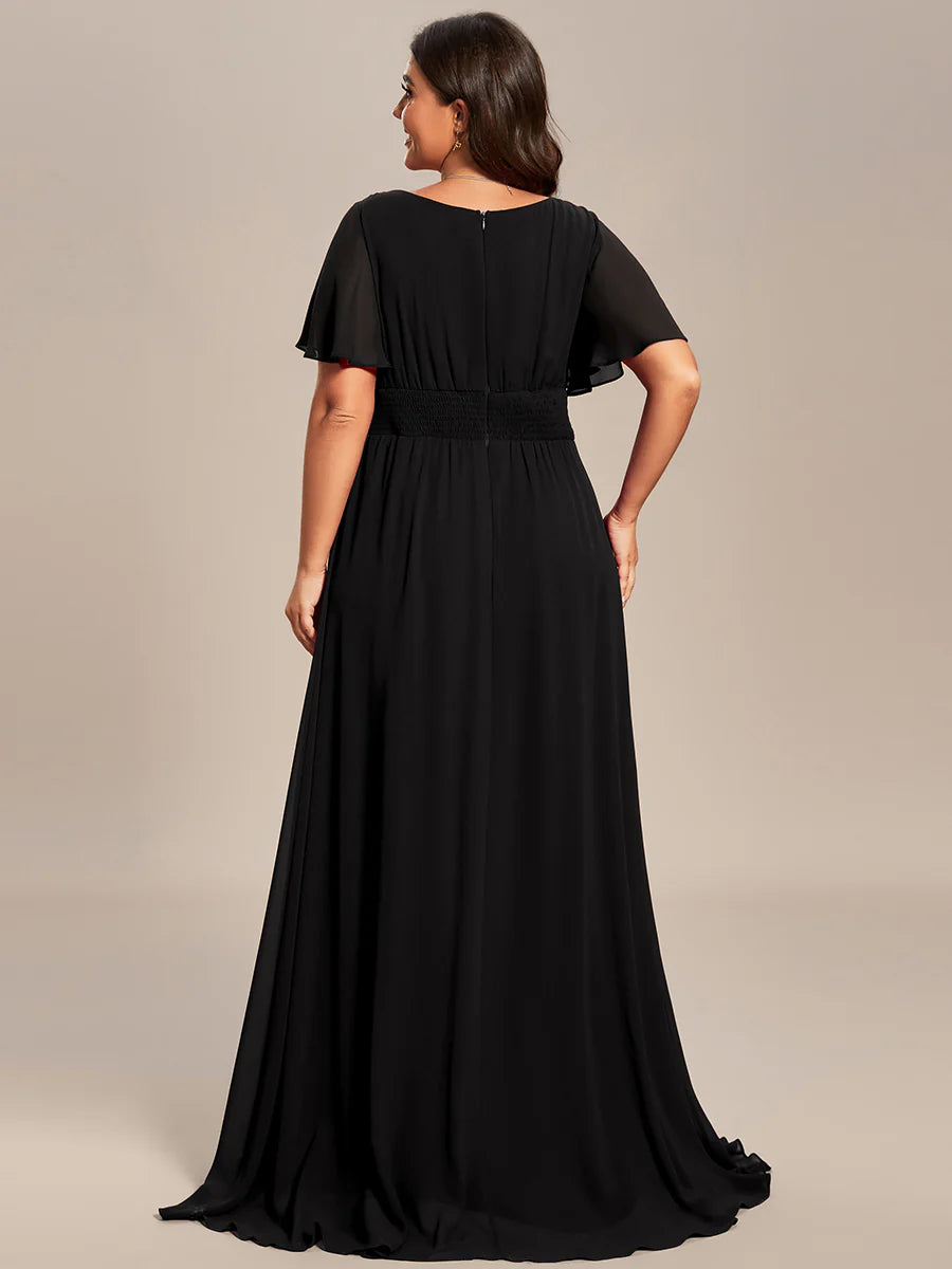 Round Neck Pleated Plus Size Evening Dress - CALABRO®