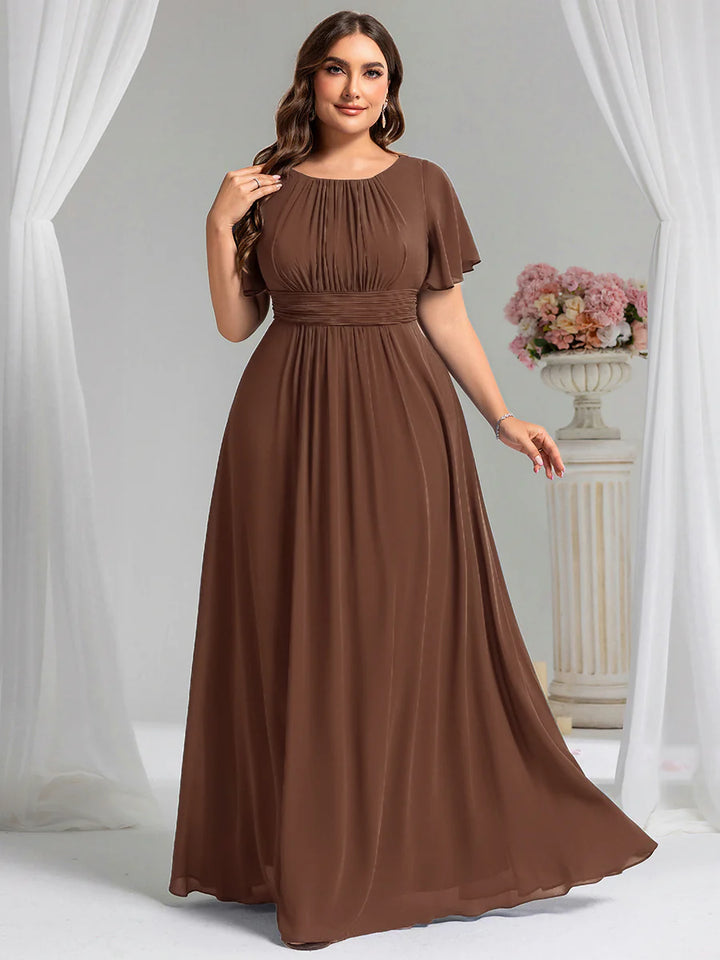 Round Neck Pleated Plus Size Evening Dress - CALABRO®