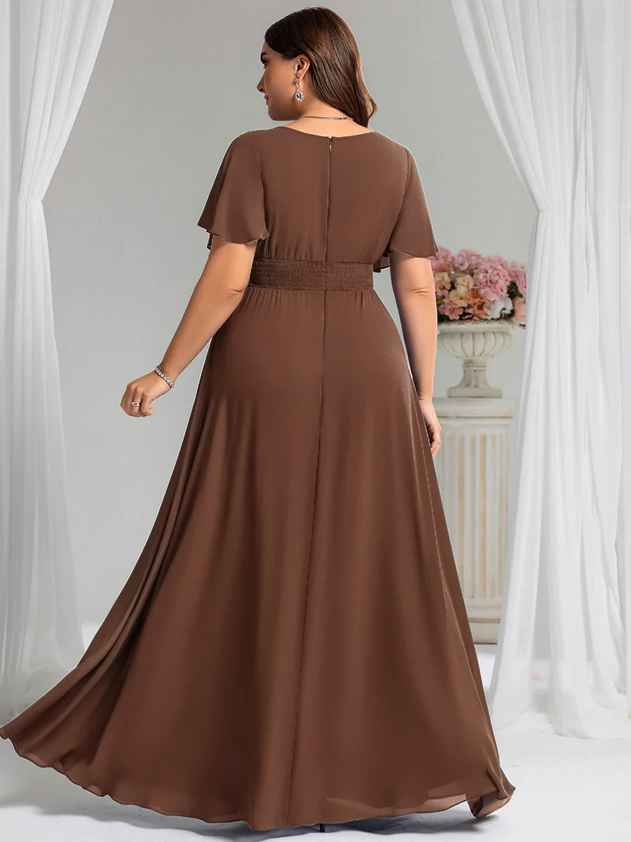 Round Neck Pleated Plus Size Evening Dress - CALABRO®