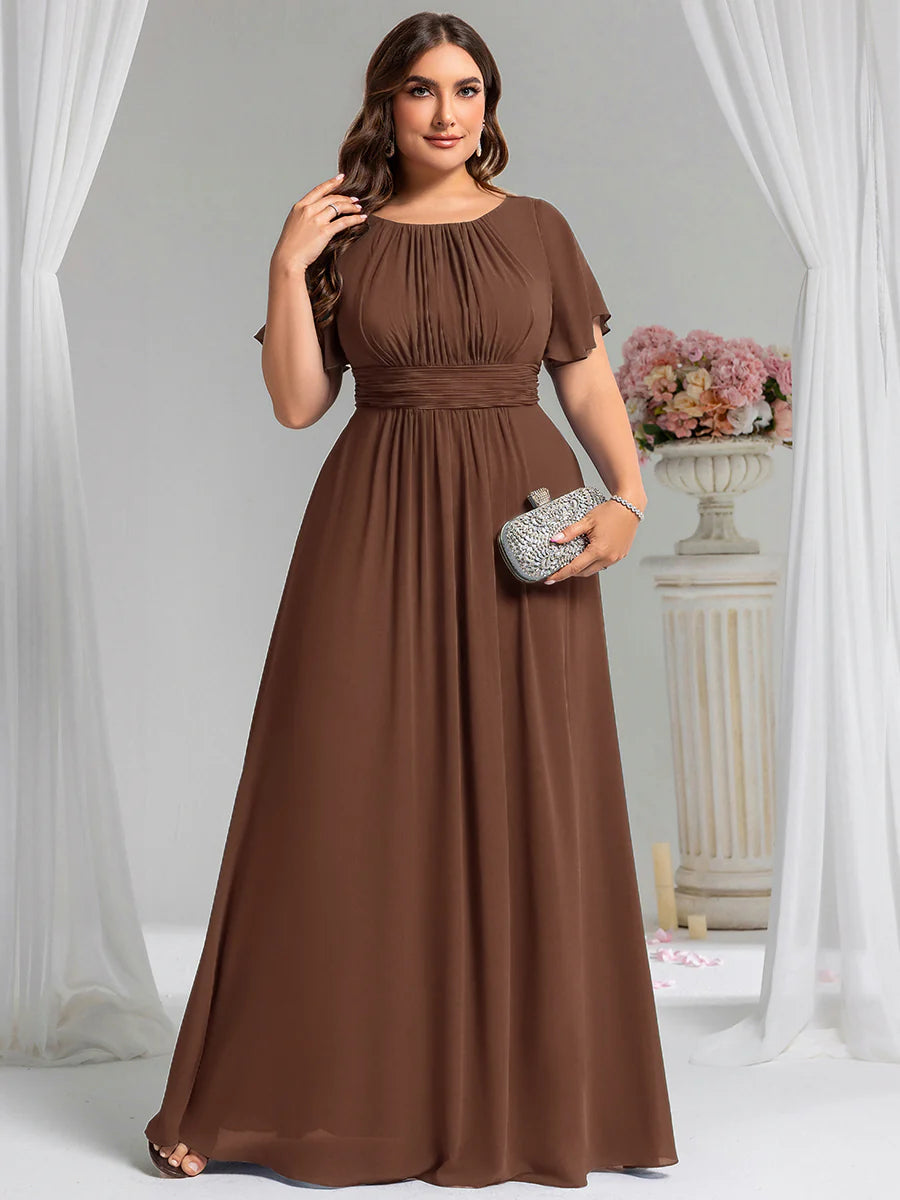Round Neck Pleated Plus Size Evening Dress - CALABRO®
