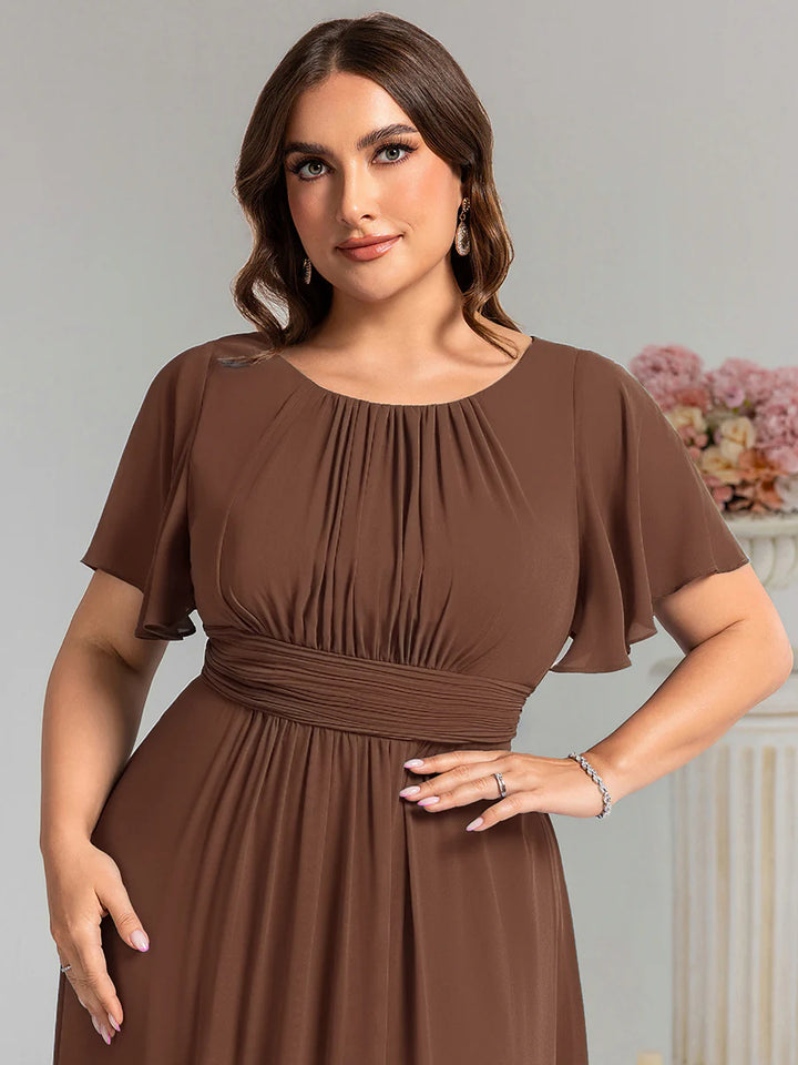 Round Neck Pleated Plus Size Evening Dress - CALABRO®
