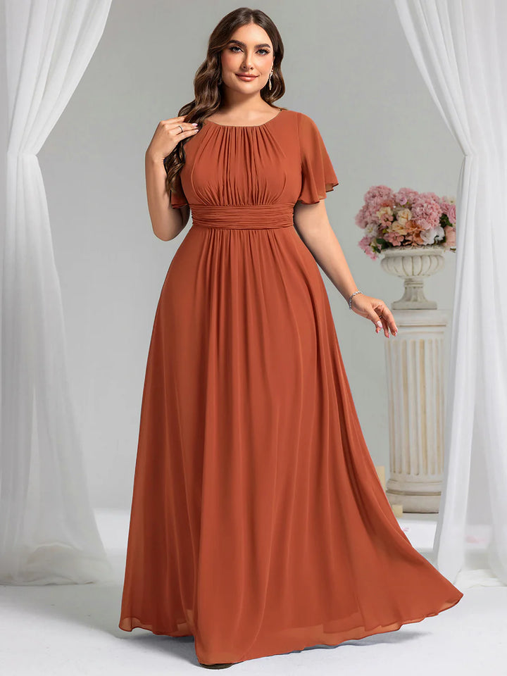 Round Neck Pleated Plus Size Evening Dress - CALABRO®