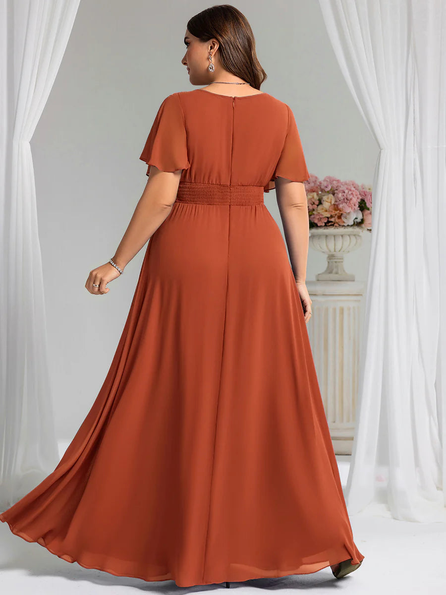 Round Neck Pleated Plus Size Evening Dress - CALABRO®