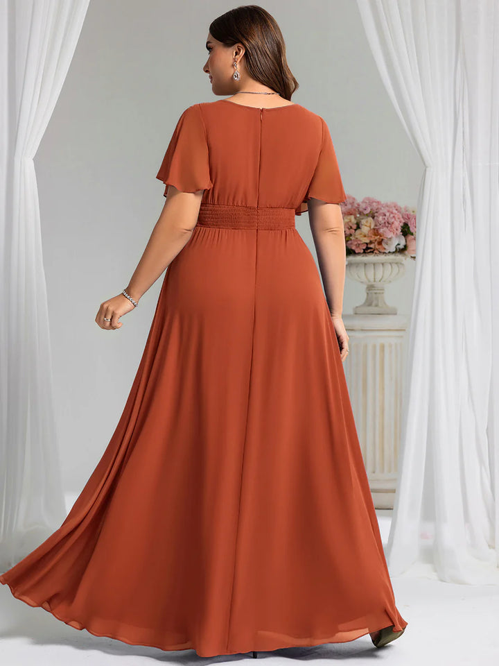 Round Neck Pleated Plus Size Evening Dress - CALABRO®