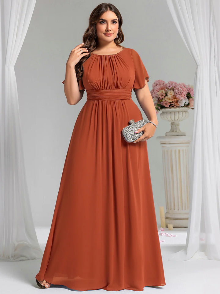 Round Neck Pleated Plus Size Evening Dress - CALABRO®