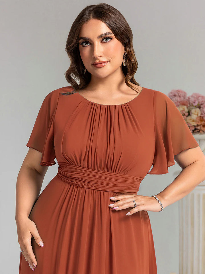 Round Neck Pleated Plus Size Evening Dress - CALABRO®
