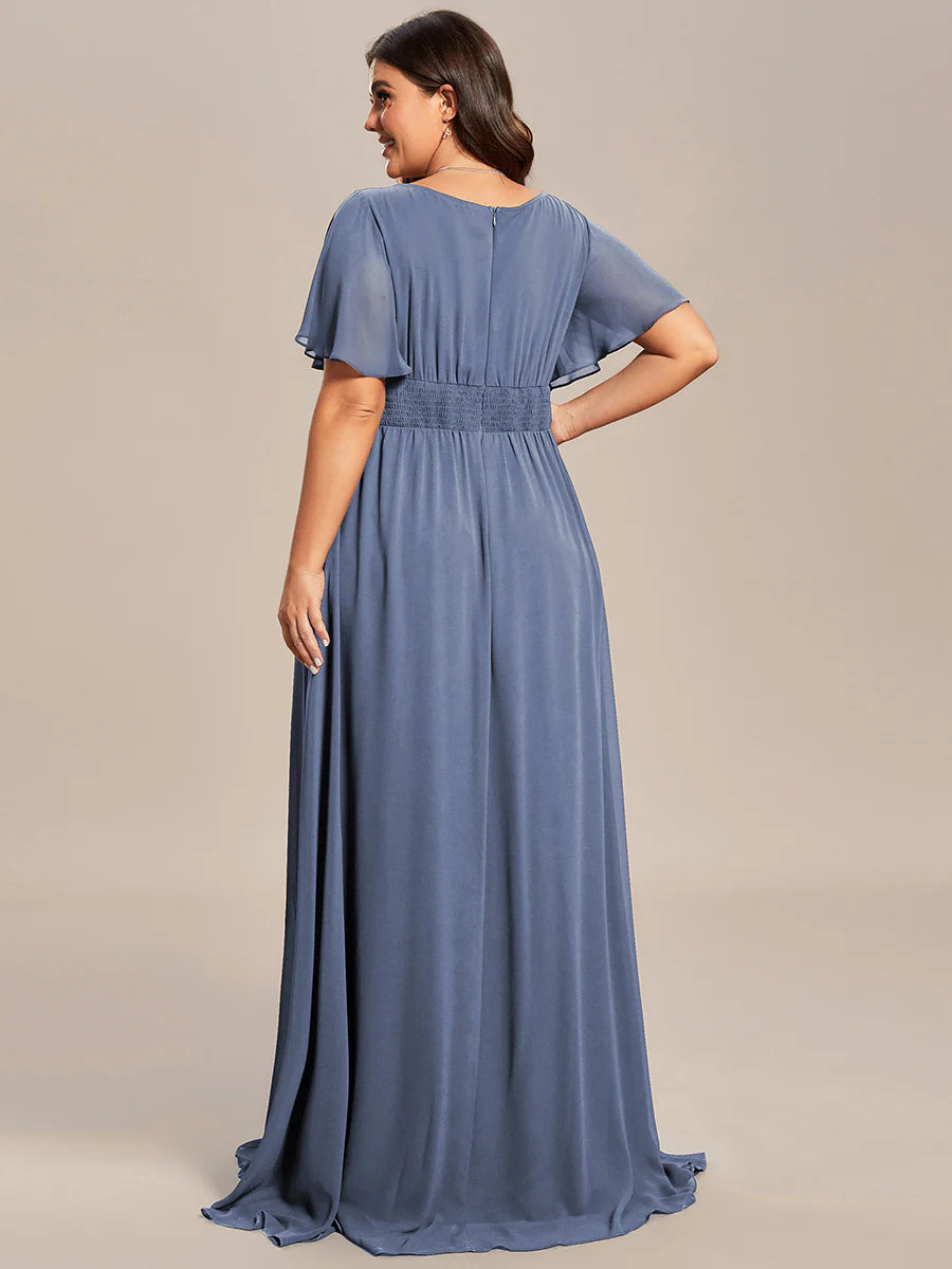 Round Neck Pleated Plus Size Evening Dress - CALABRO®