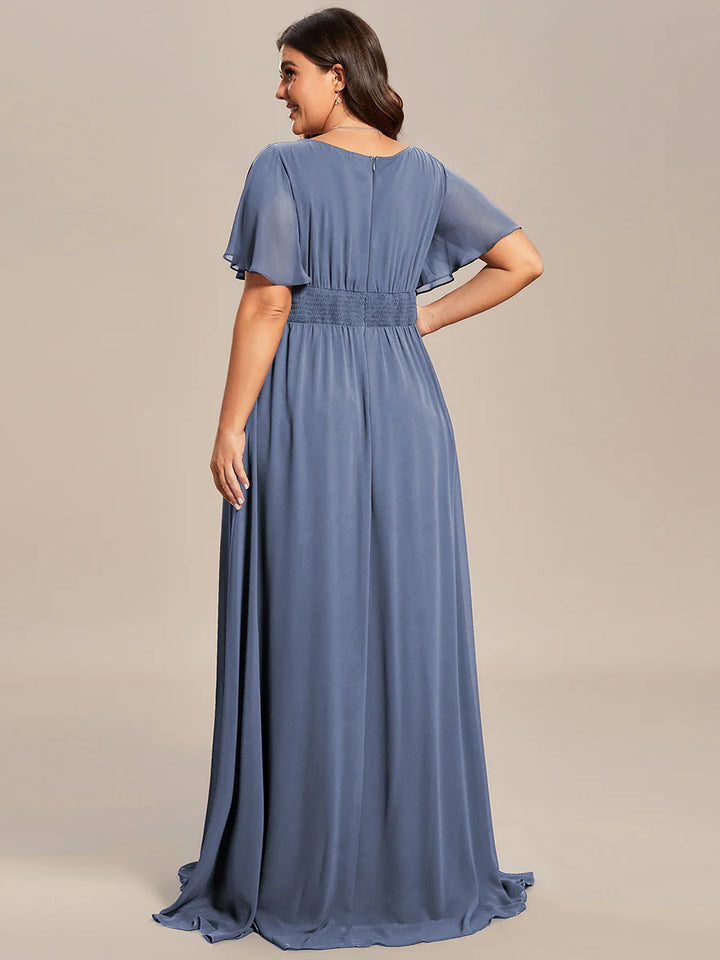Round Neck Pleated Plus Size Evening Dress - CALABRO®