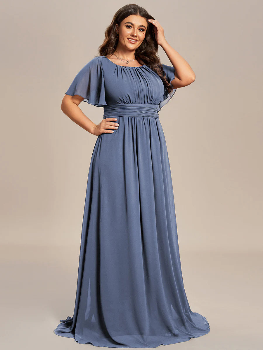 Round Neck Pleated Plus Size Evening Dress - CALABRO®