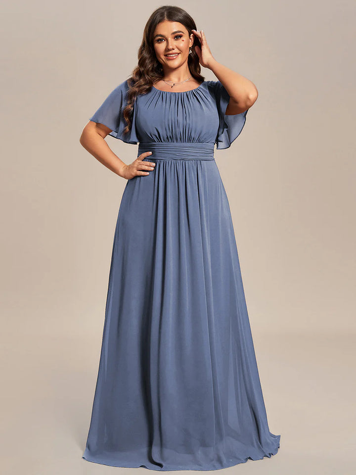 Round Neck Pleated Plus Size Evening Dress - CALABRO®