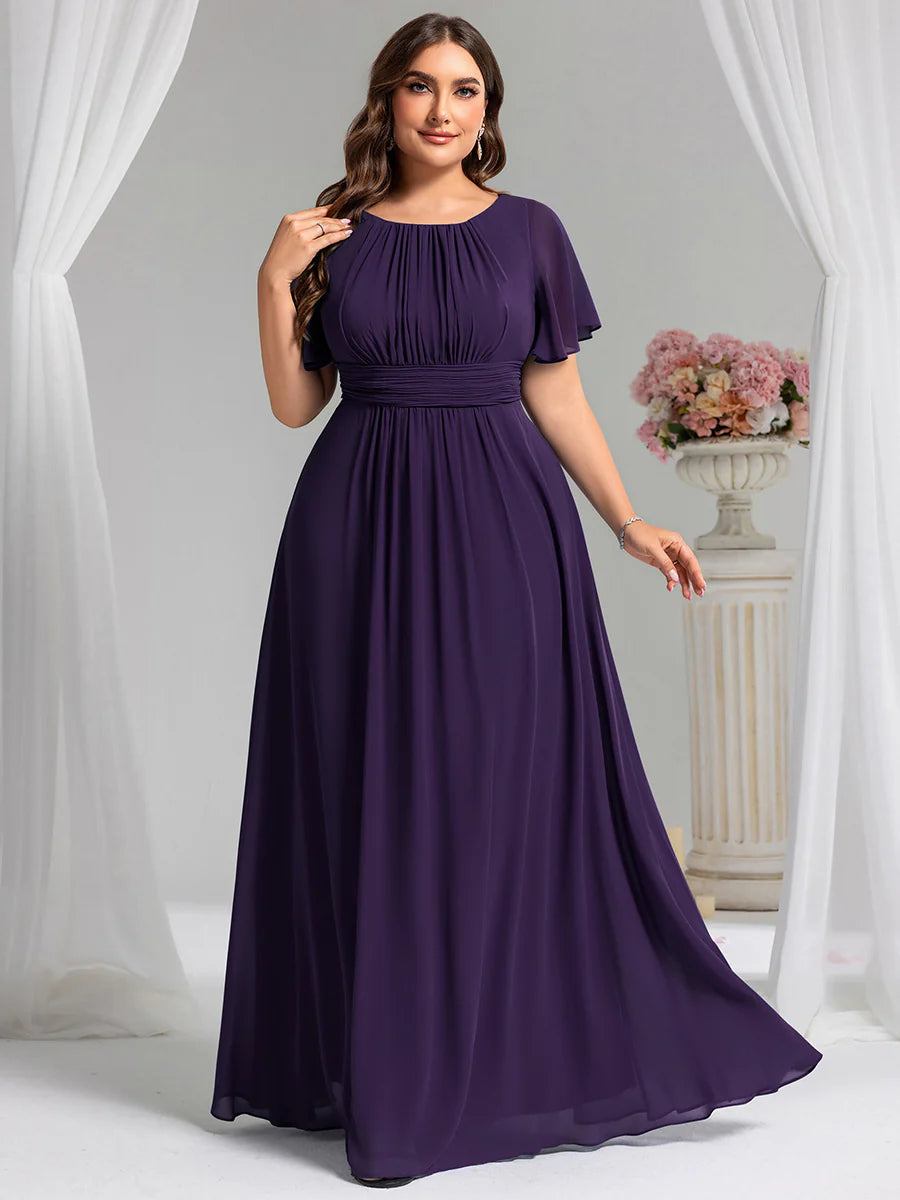 Round Neck Pleated Plus Size Evening Dress - CALABRO®