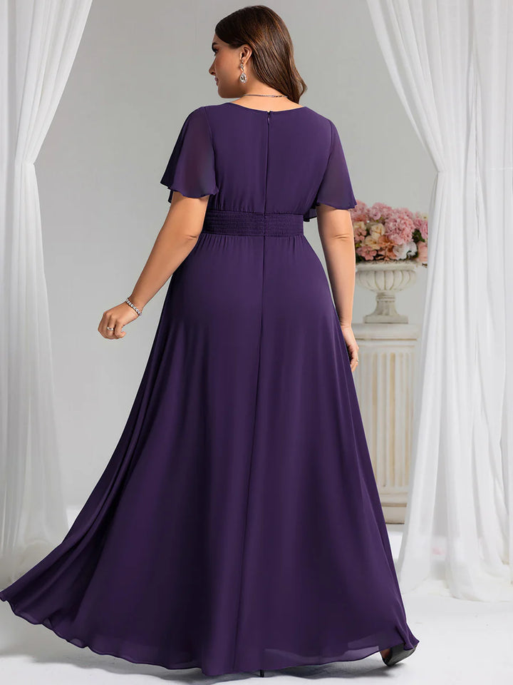 Round Neck Pleated Plus Size Evening Dress - CALABRO®