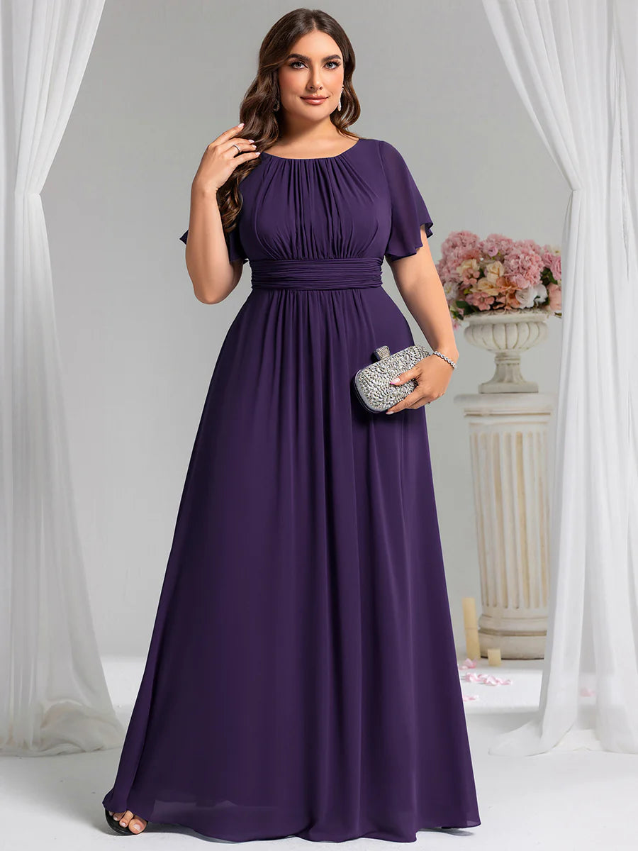 Round Neck Pleated Plus Size Evening Dress - CALABRO®