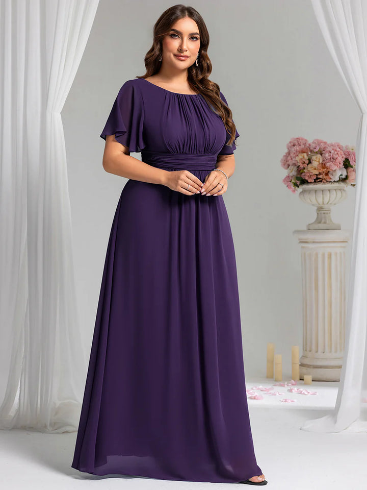 Round Neck Pleated Plus Size Evening Dress - CALABRO®