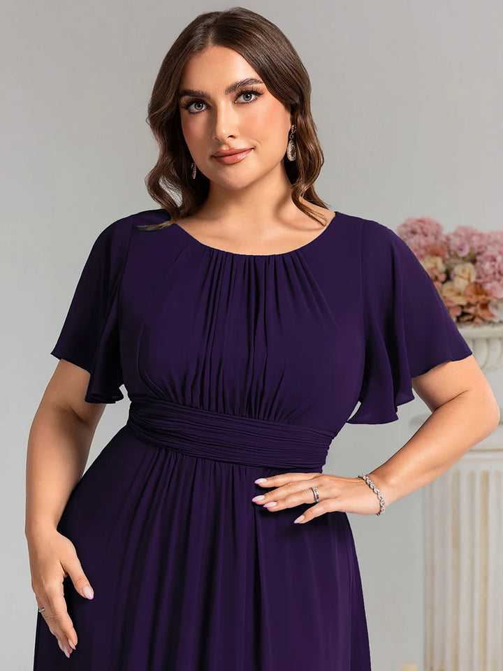 Round Neck Pleated Plus Size Evening Dress - CALABRO®