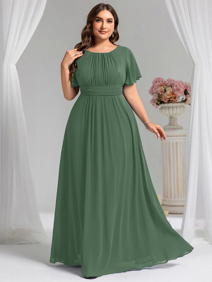 Round Neck Pleated Plus Size Evening Dress - CALABRO®