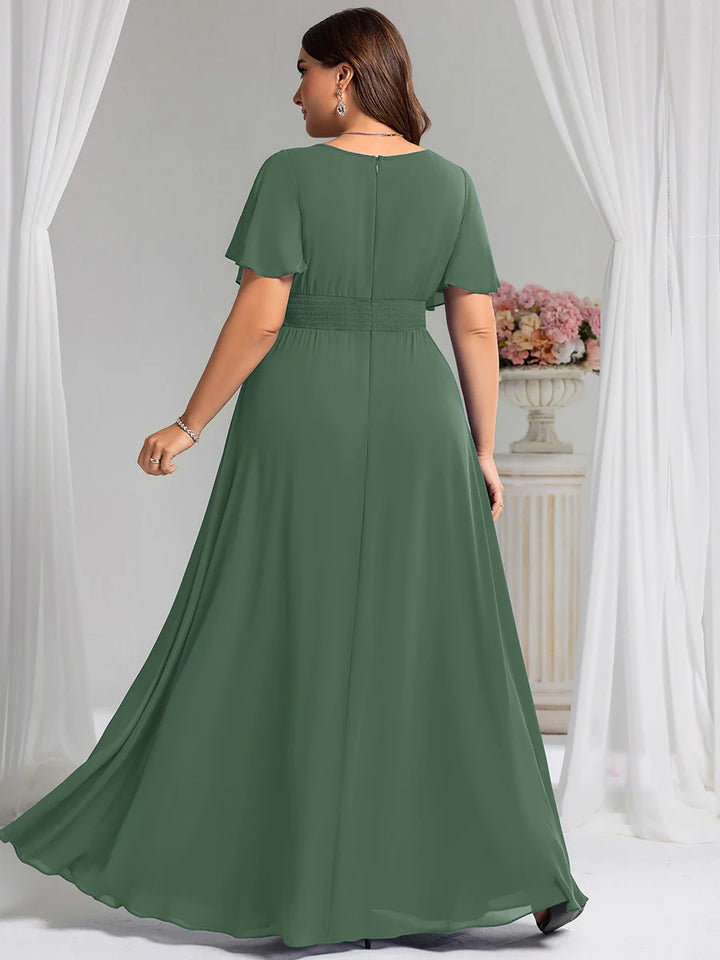 Round Neck Pleated Plus Size Evening Dress - CALABRO®