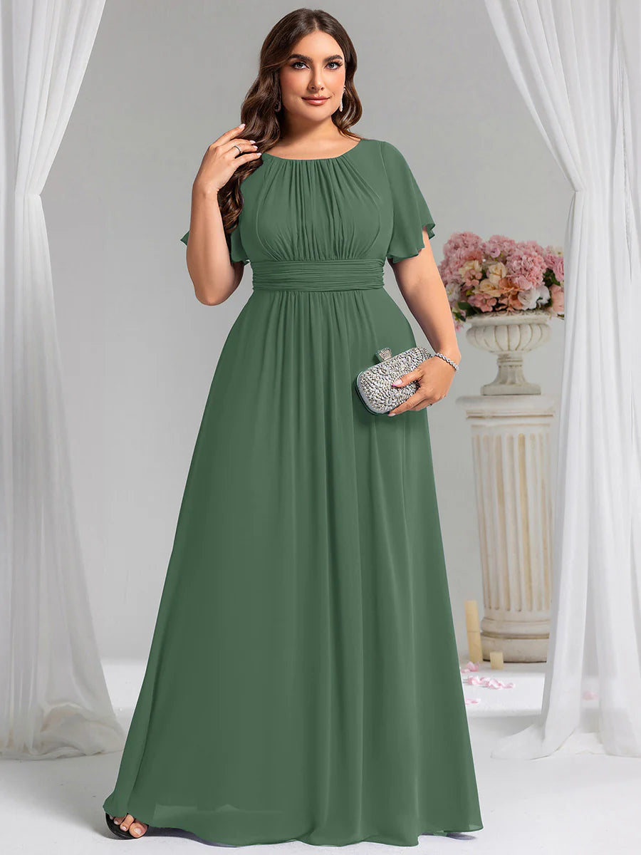 Round Neck Pleated Plus Size Evening Dress - CALABRO®