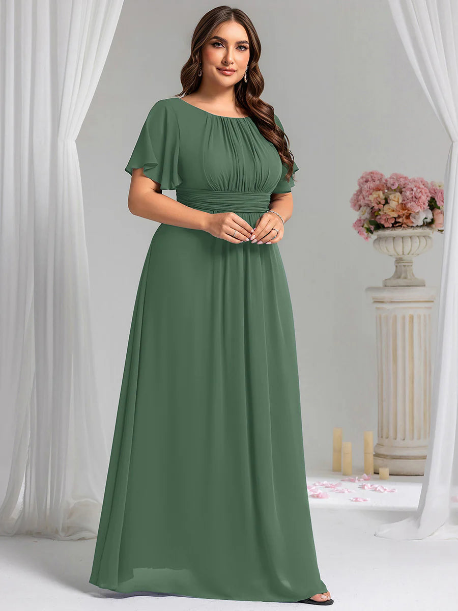 Round Neck Pleated Plus Size Evening Dress - CALABRO®