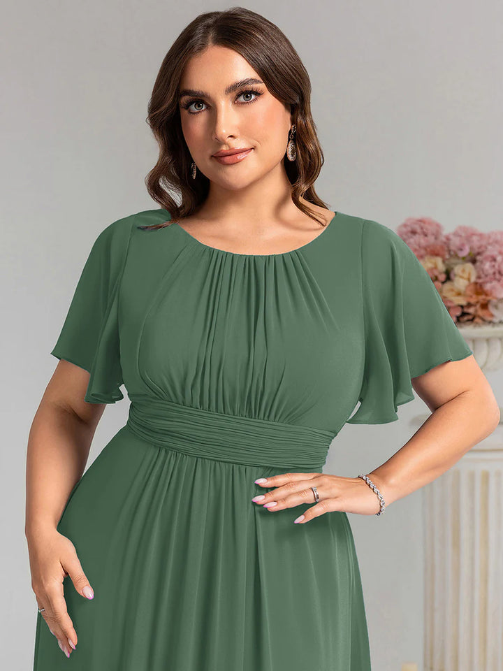 Round Neck Pleated Plus Size Evening Dress - CALABRO®