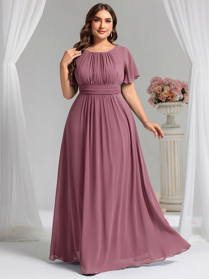 Round Neck Pleated Plus Size Evening Dress - CALABRO®
