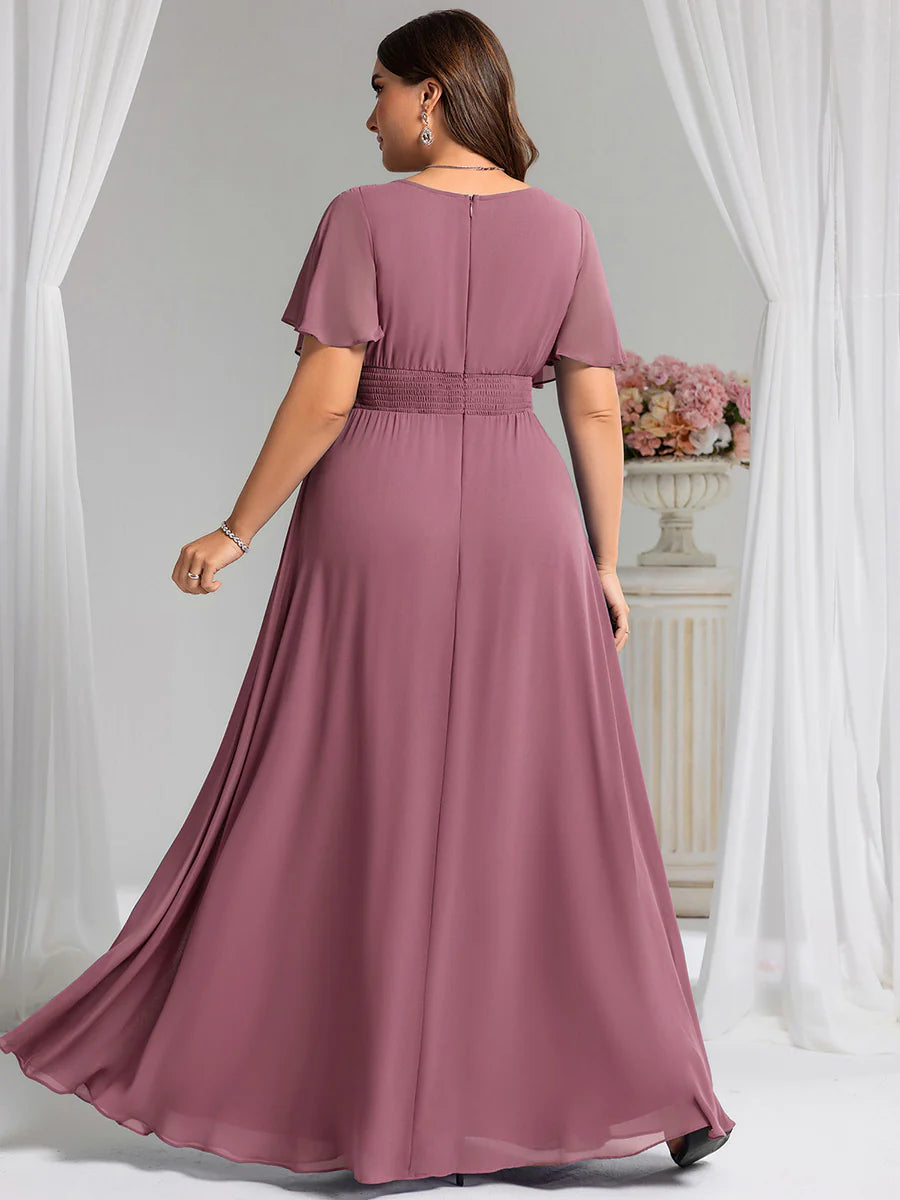Round Neck Pleated Plus Size Evening Dress - CALABRO®