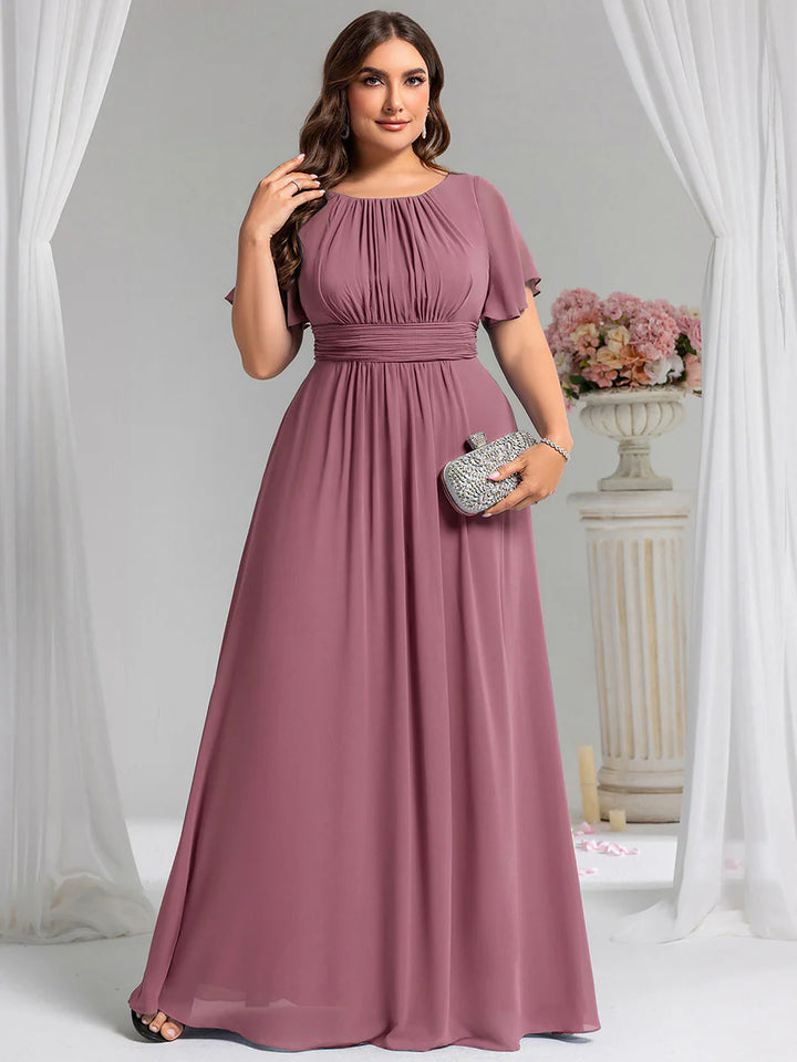 Round Neck Pleated Plus Size Evening Dress - CALABRO®