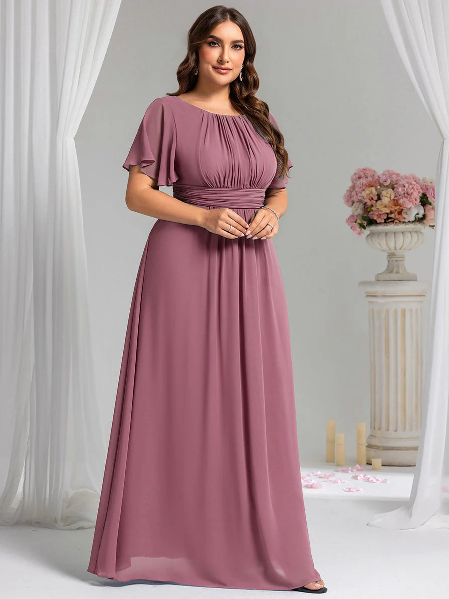 Round Neck Pleated Plus Size Evening Dress - CALABRO®