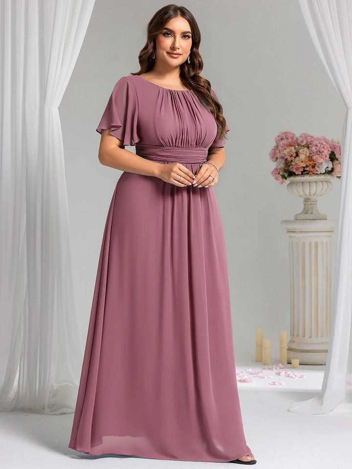 Round Neck Pleated Plus Size Evening Dress - CALABRO®