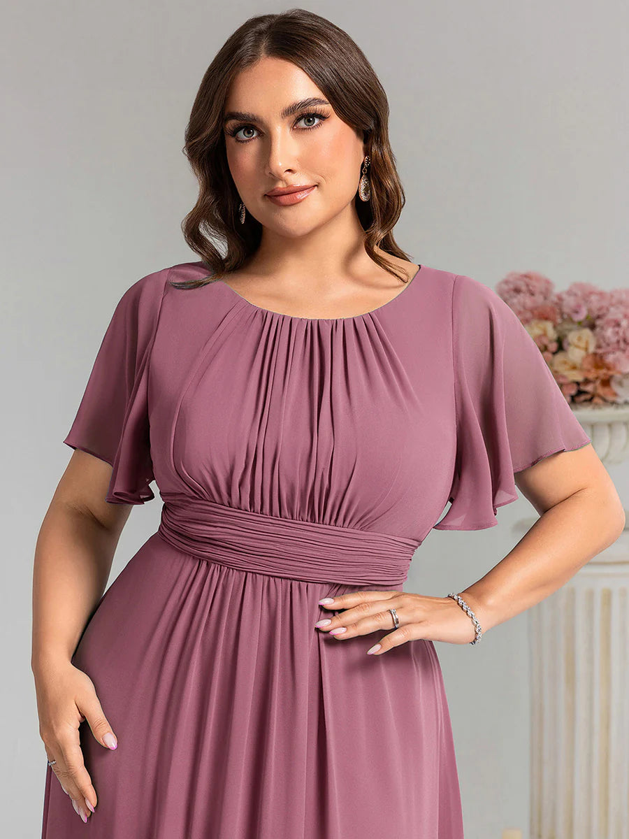 Round Neck Pleated Plus Size Evening Dress - CALABRO®
