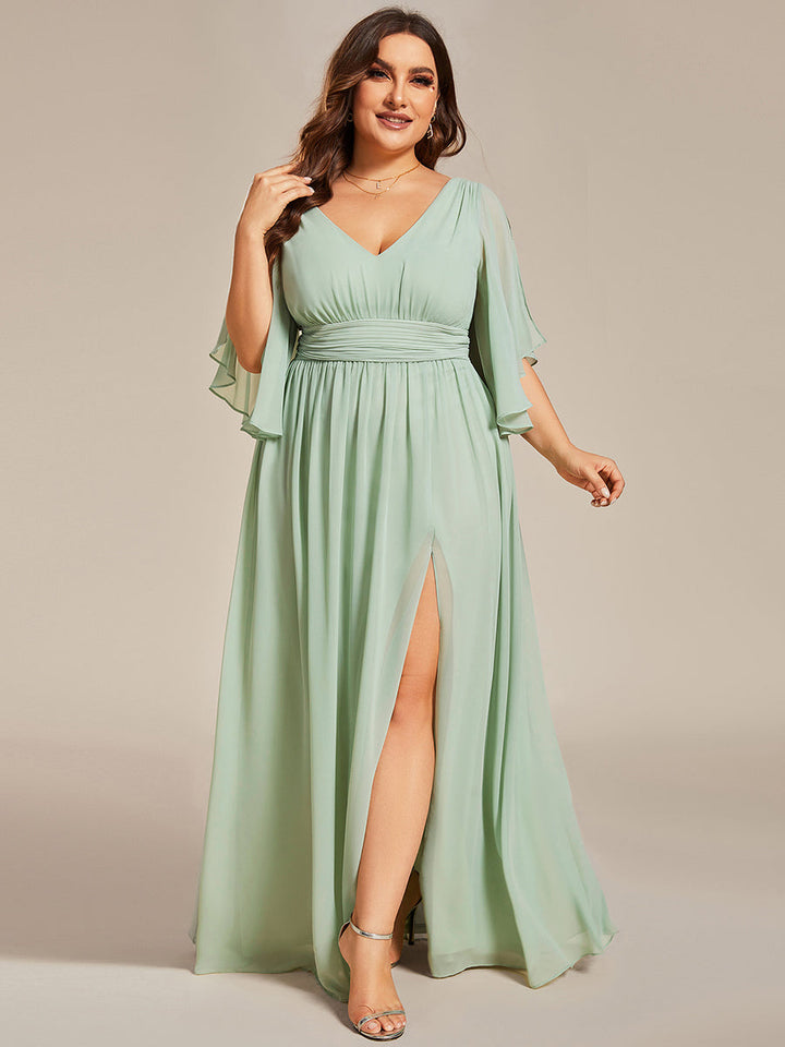 Plus V Neck Pleated Belt Chiffon Bridesmaid Dresses - CALABRO®